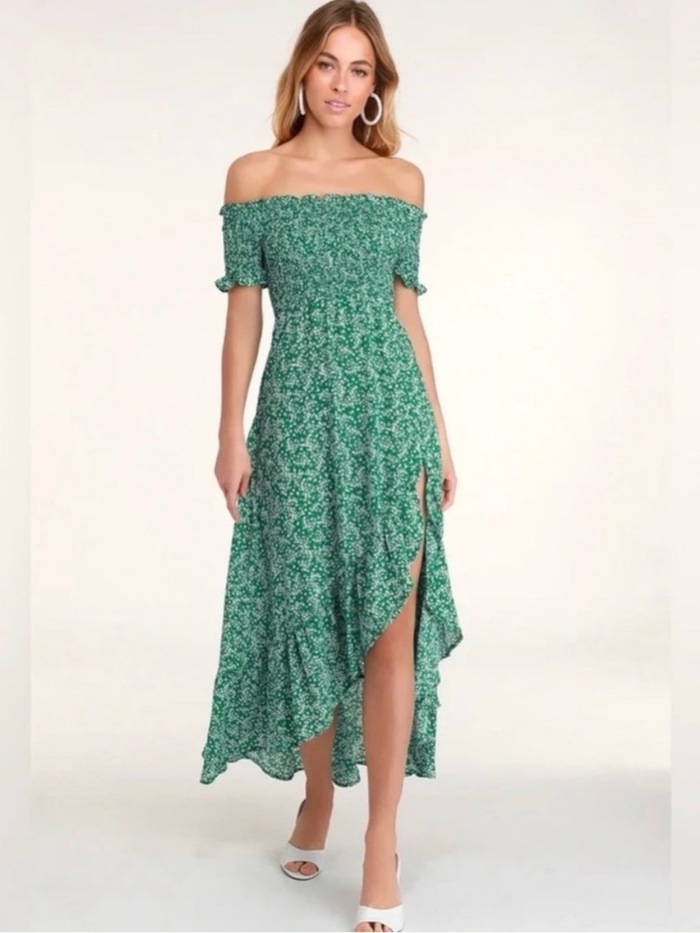 Lulus Fleur-tation Green Floral Off-the-Shoulder Midi Dress | size small